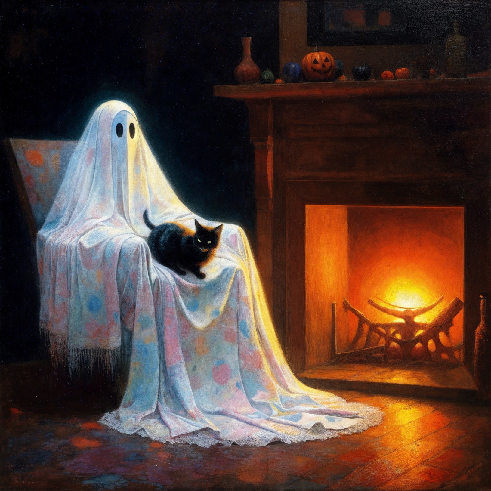 Cozy Room with Friendly Ghost and Black Cat