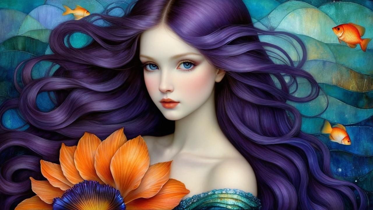 Portrait of a Young Woman with Purple Hair and Fish