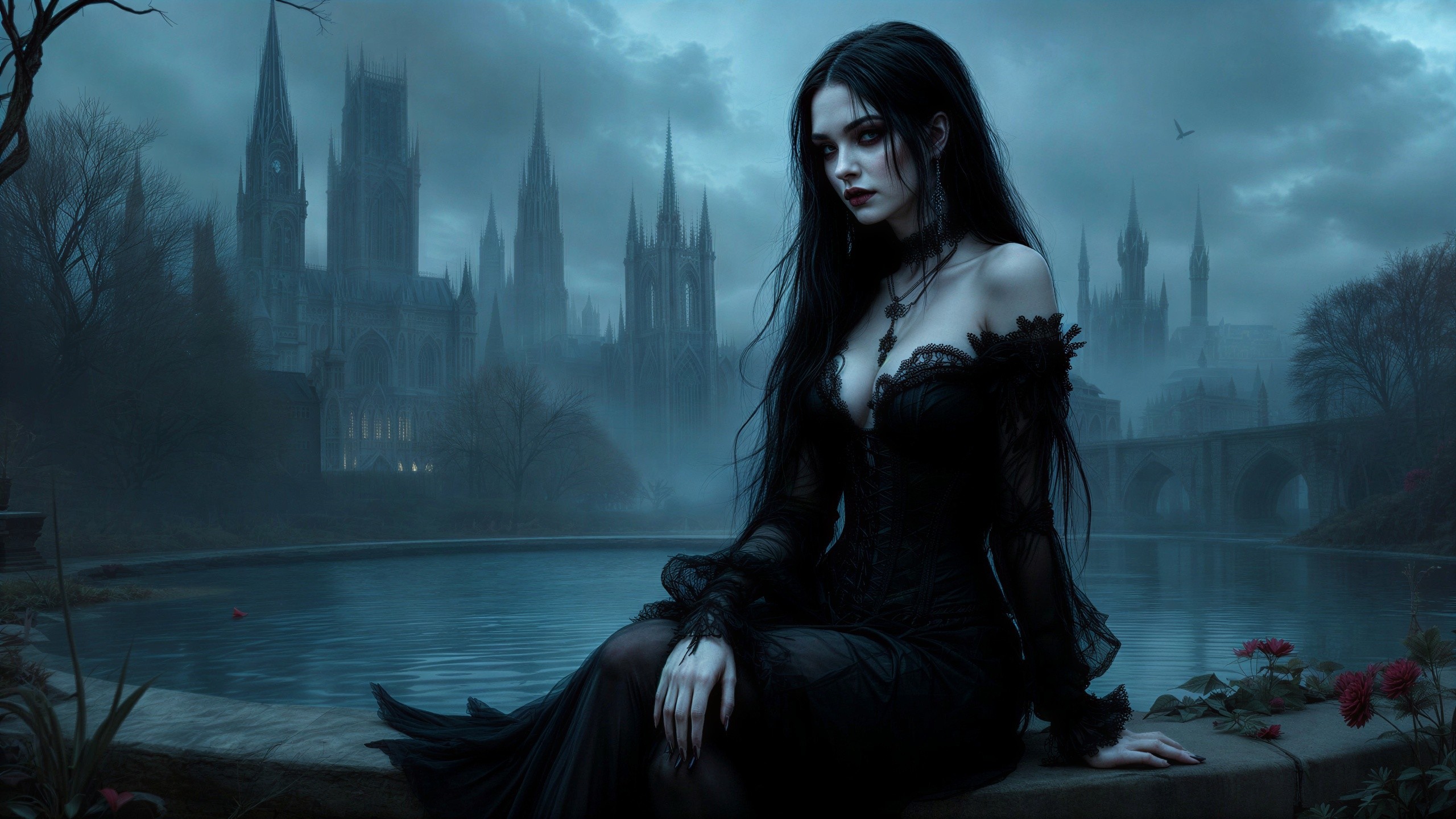 Mystical Woman in Black Gown by Foggy Lake