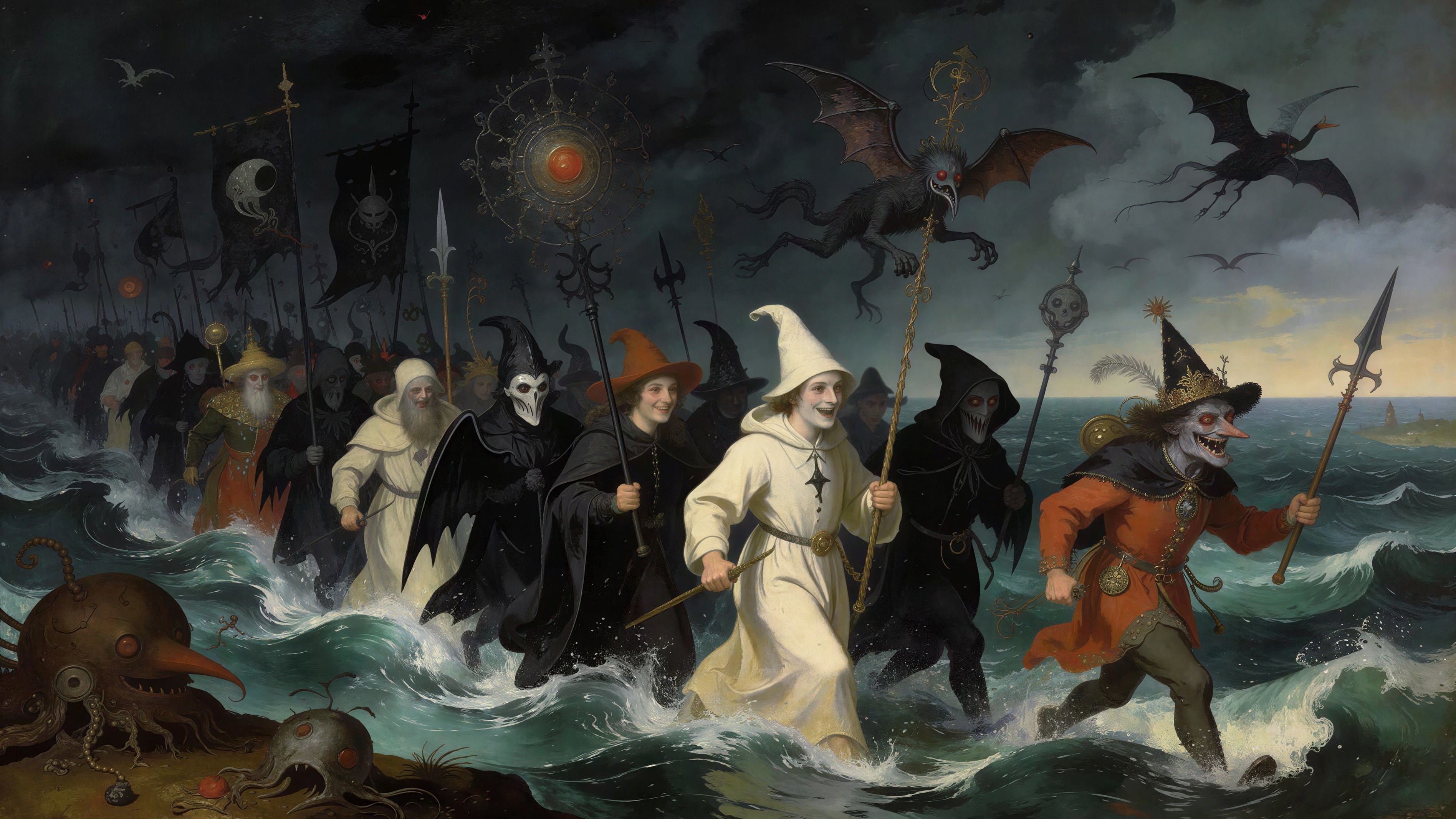 Macabre Procession of Figures Emerging from Dark Sea