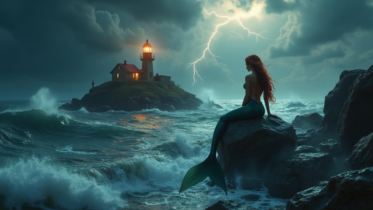 Mermaid on a Rock Amidst Stormy Sea and Lightning