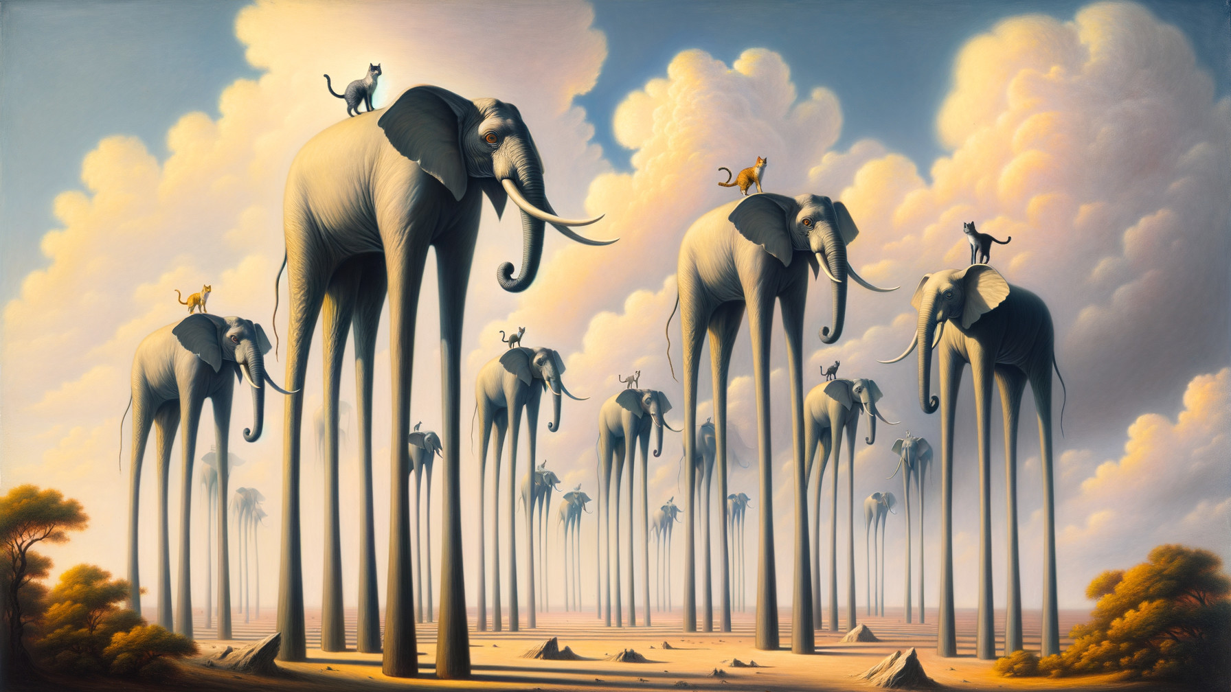 Surreal Landscape with Elephants and Playful Animals