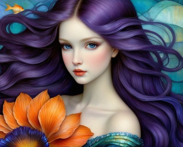 Portrait of a Young Woman with Purple Hair and Fish