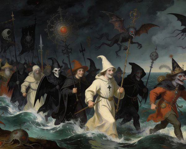 Macabre Procession of Figures Emerging from Dark Sea