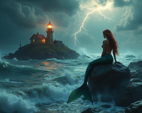 Mermaid on a Rock Amidst Stormy Sea and Lightning