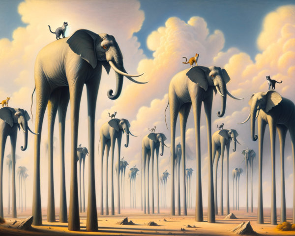 Surreal Landscape with Elephants and Playful Animals