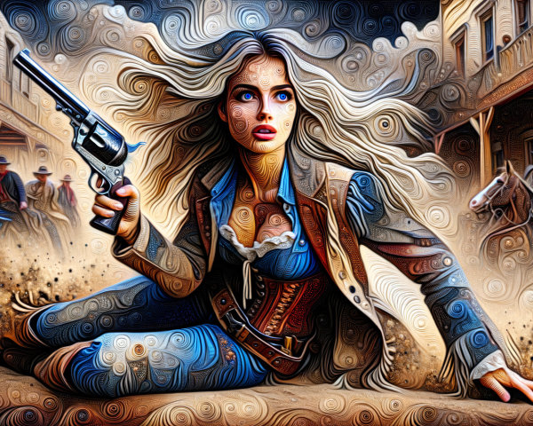 Fierce Woman in Western Outfit in Dusty Showdown