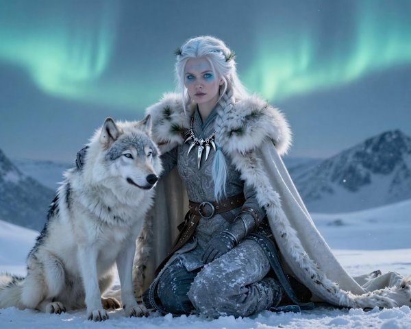 Woman in fur cape kneeling beside wolf in snow