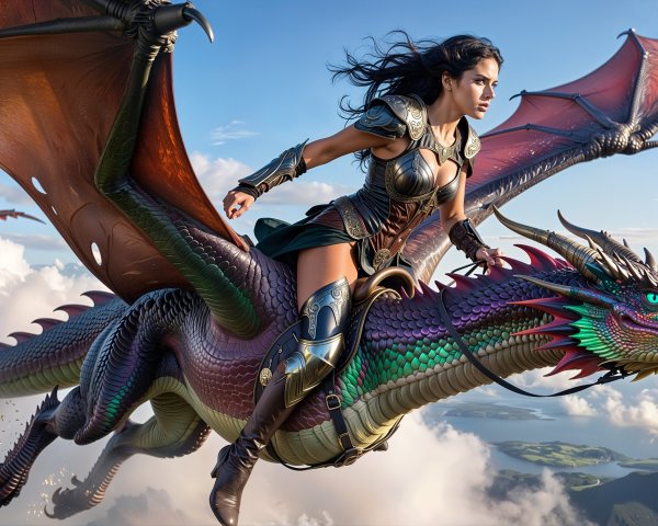Female Warrior Riding an Iridescent Dragon in Flight