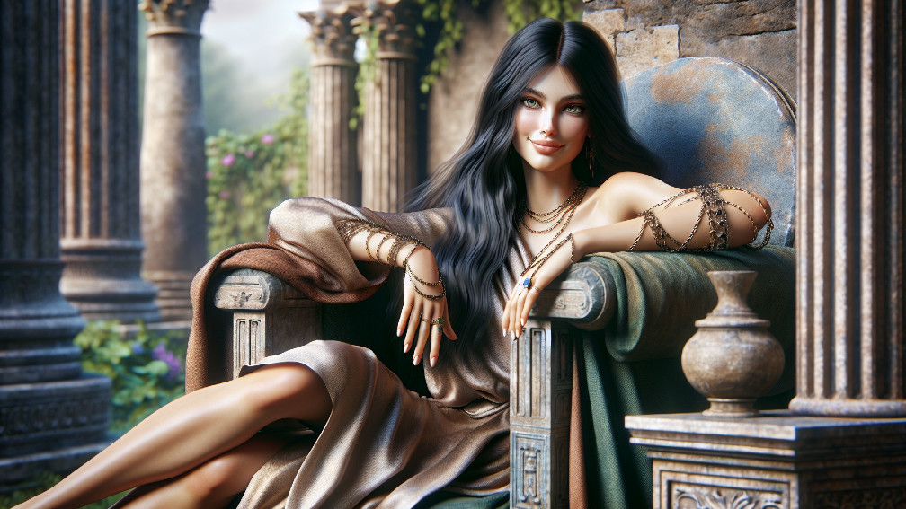 Elegant Woman on Ornate Throne in Enchanting Setting
