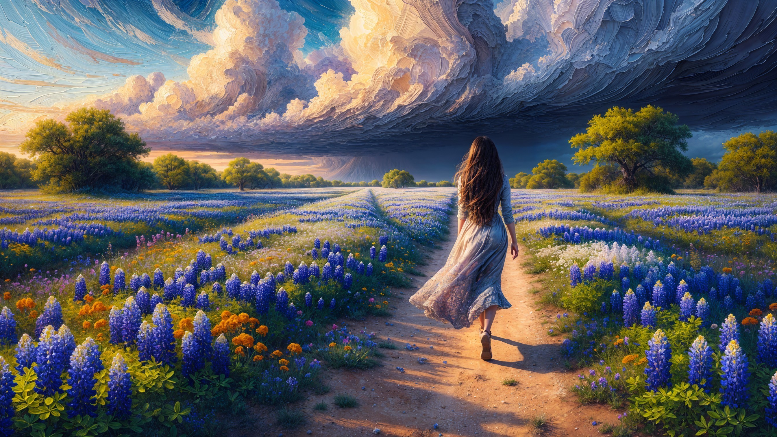 Serene landscape with winding path and vibrant flowers