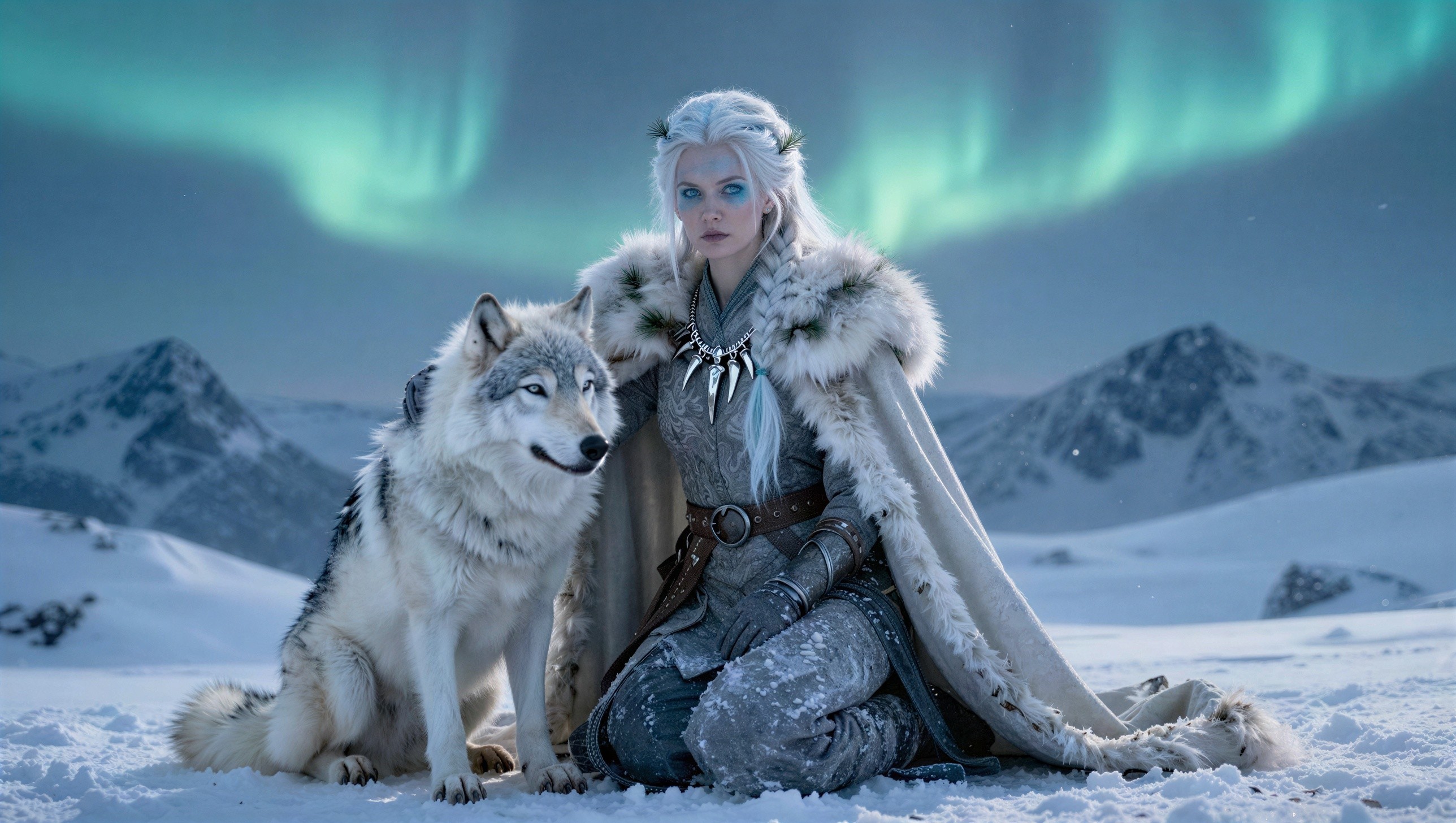 Woman in fur cape kneeling beside wolf in snow