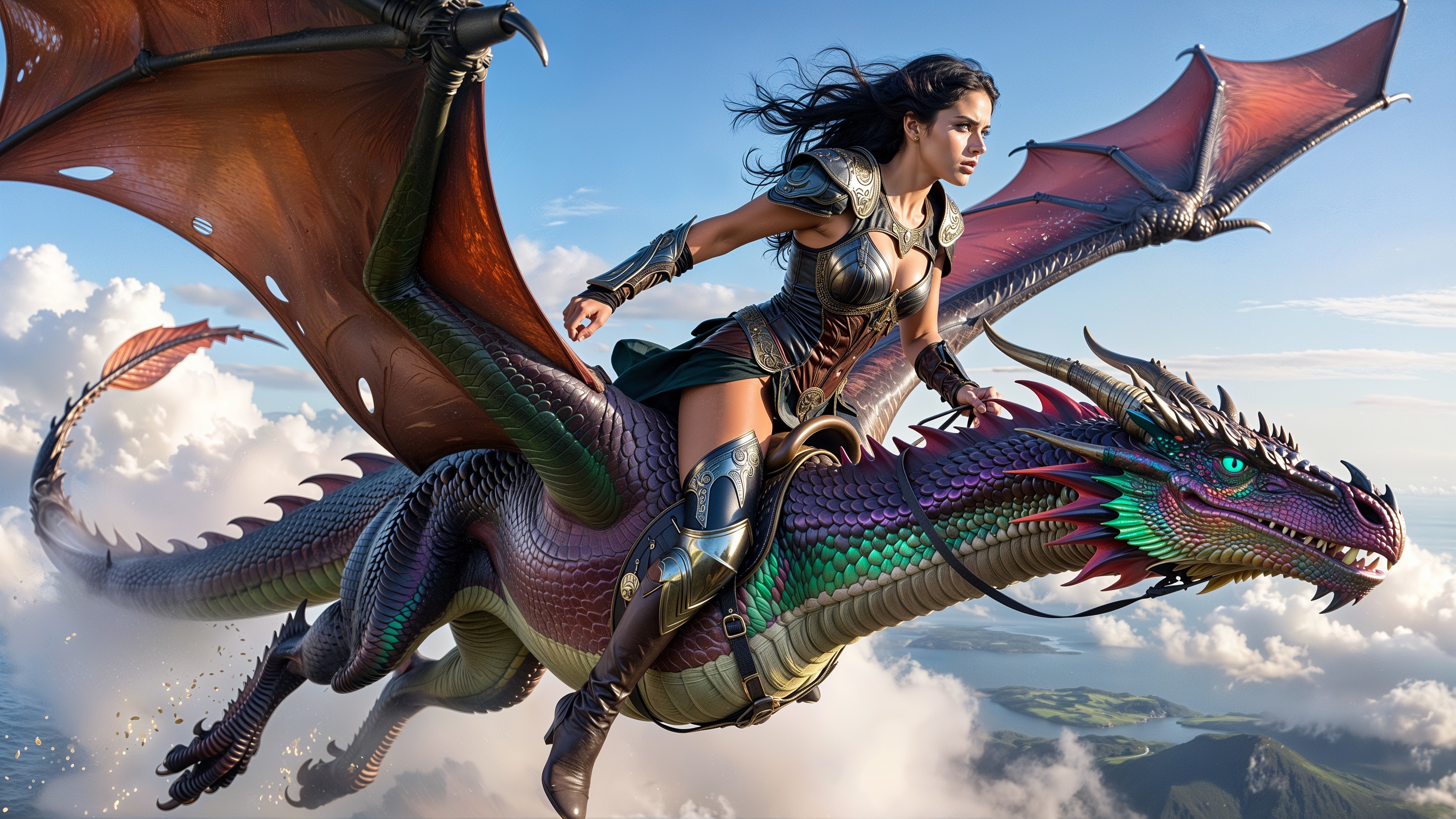 Female Warrior Riding an Iridescent Dragon in Flight