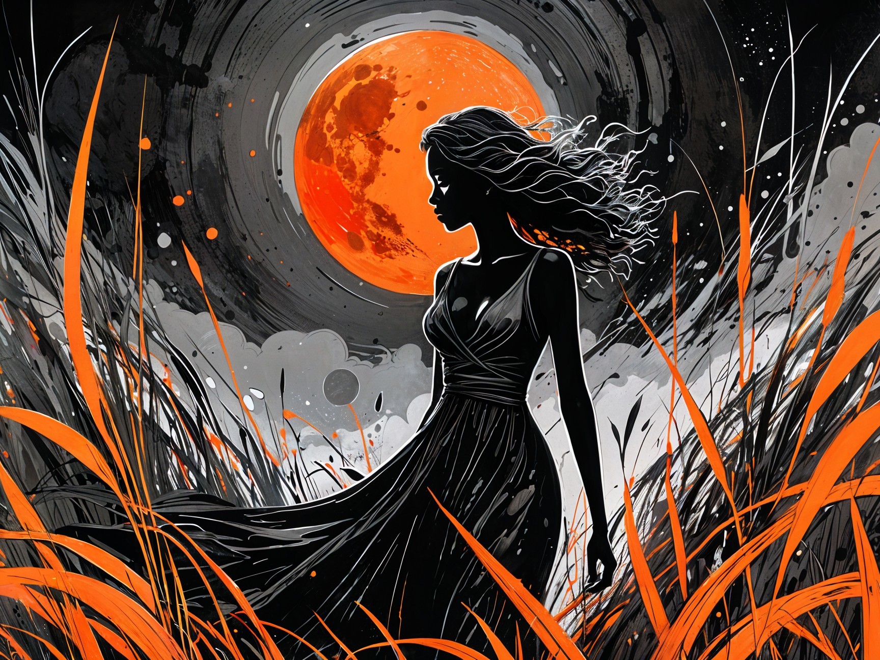 Silhouette of a Woman in a Moonlit Field