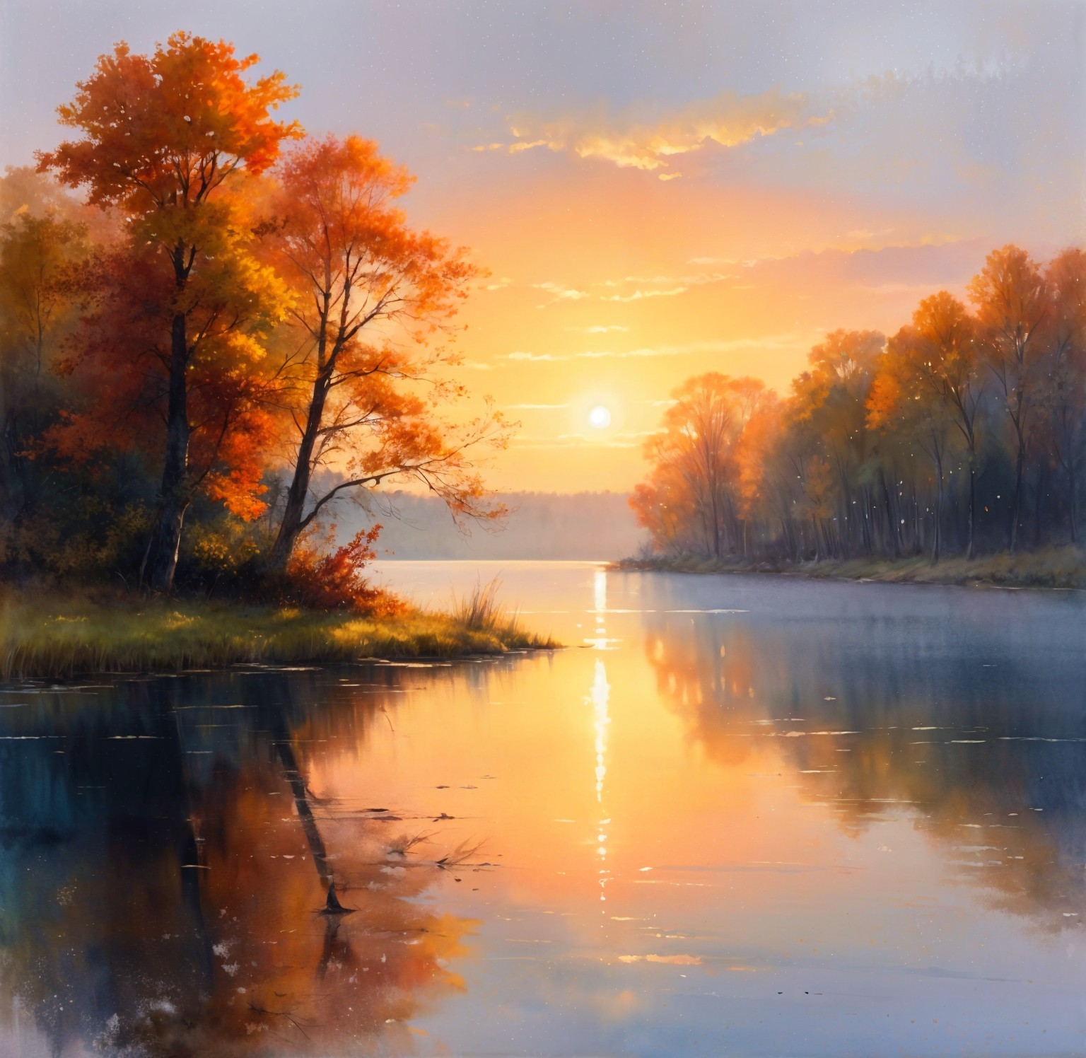 Serene Lake at Sunset with Autumn Trees Reflection