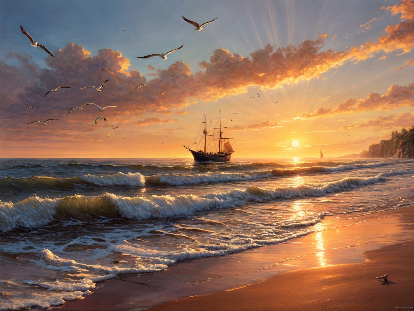 Vibrant Sunset Over Coastal Scene with Tall Ship