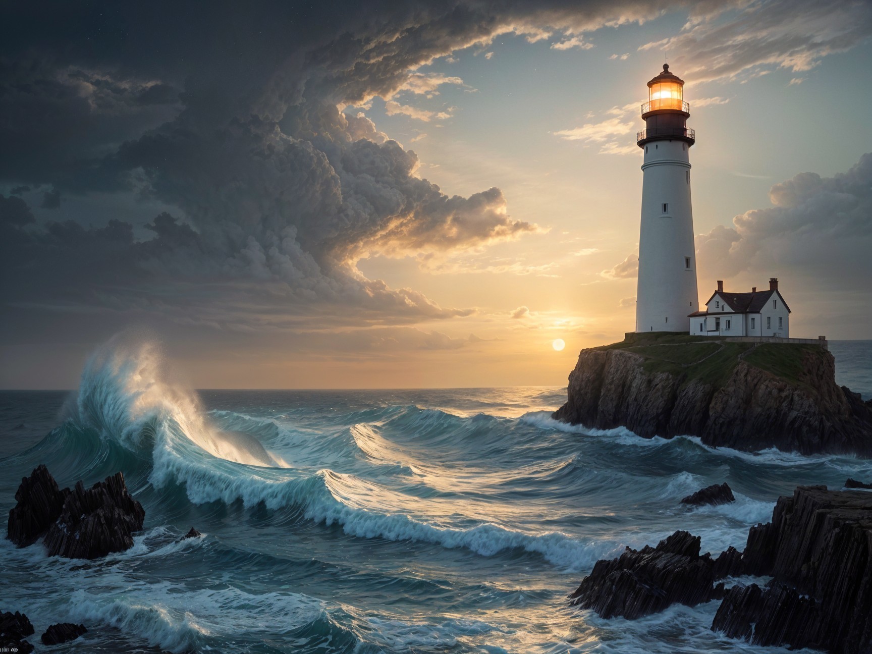 Lighthouse on Rocky Outcrop at Sunset with Waves