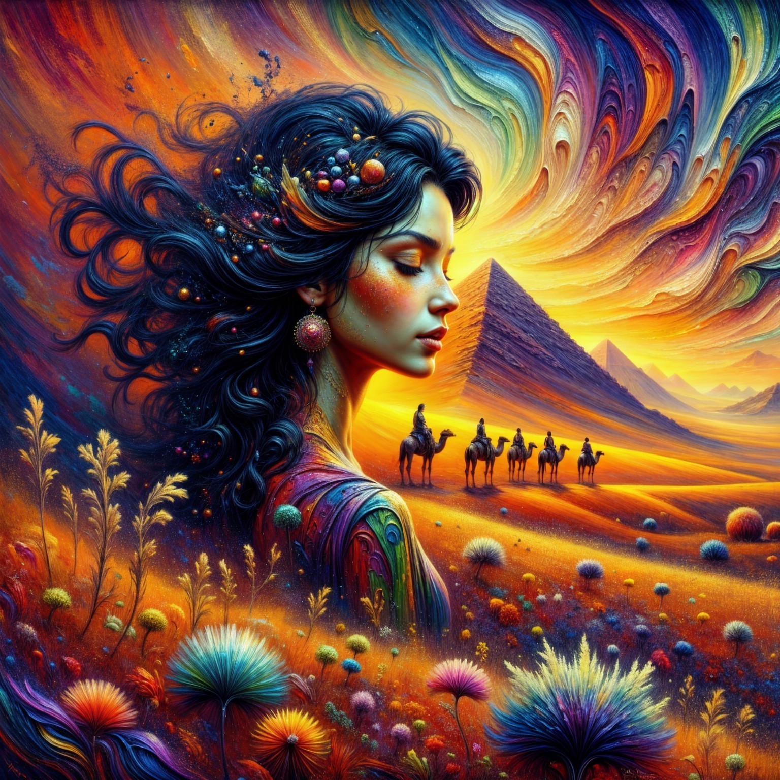Surreal Landscape with Woman and Majestic Pyramids