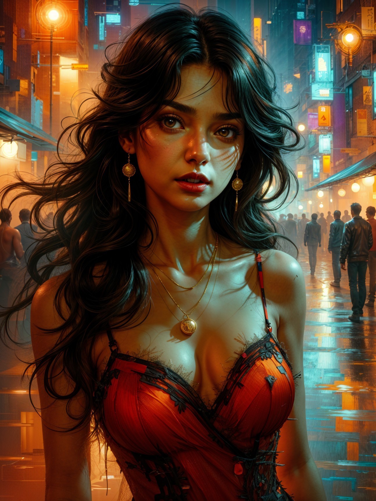 Young Woman in Red Dress on Neon-Lit Urban Street