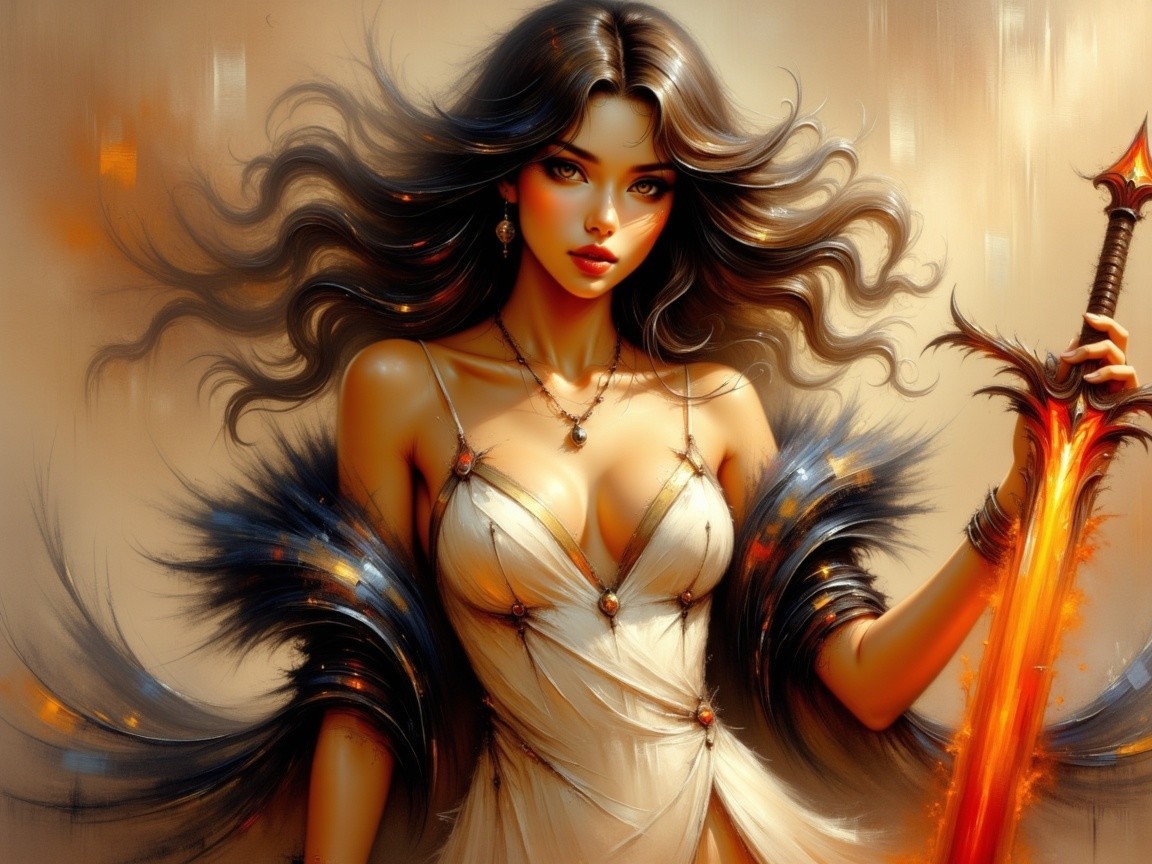 Beautiful woman in white dress with sword and cloak