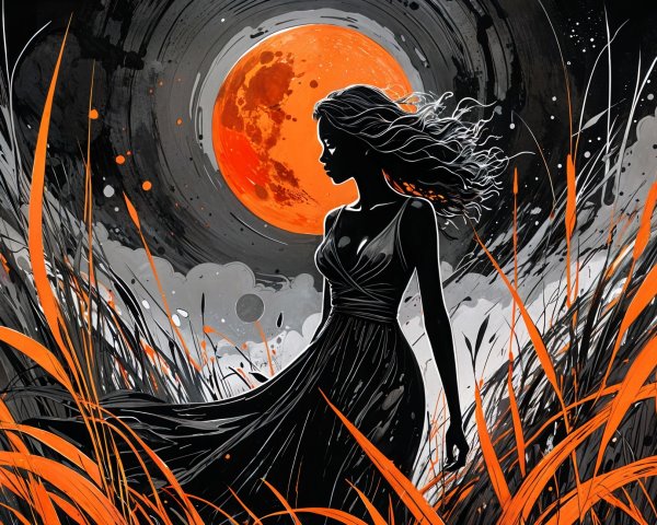 Silhouette of a Woman in a Moonlit Field