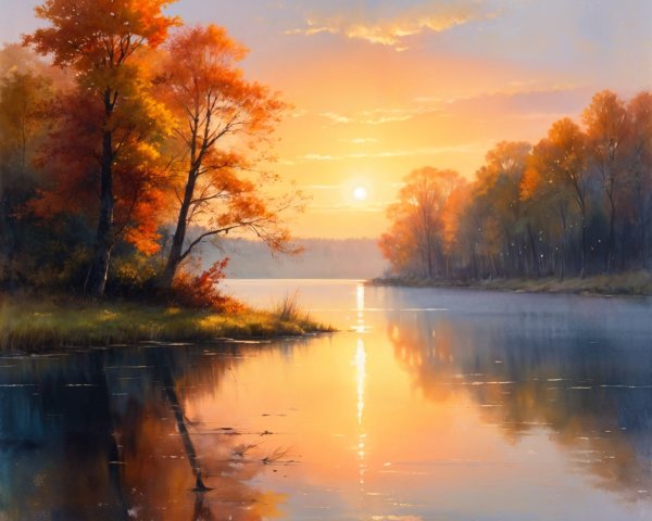Serene Lake at Sunset with Autumn Trees Reflection