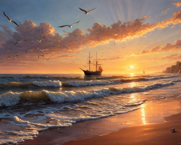 Vibrant Sunset Over Coastal Scene with Tall Ship