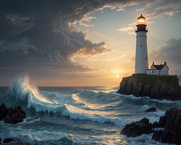 Lighthouse on Rocky Outcrop at Sunset with Waves