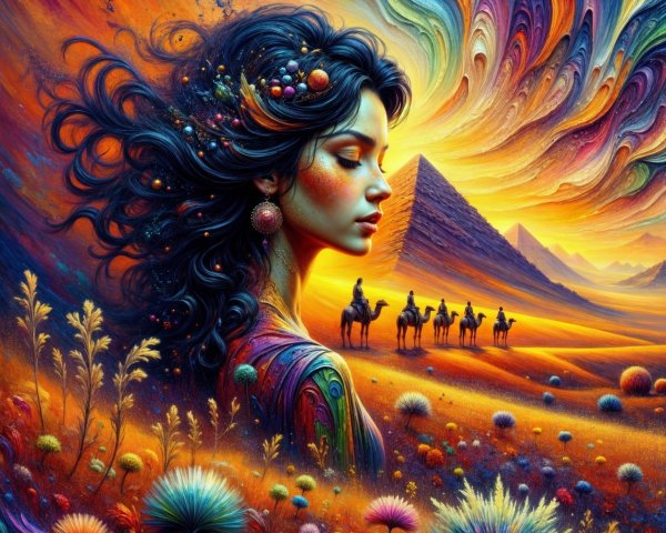 Surreal Landscape with Woman and Majestic Pyramids