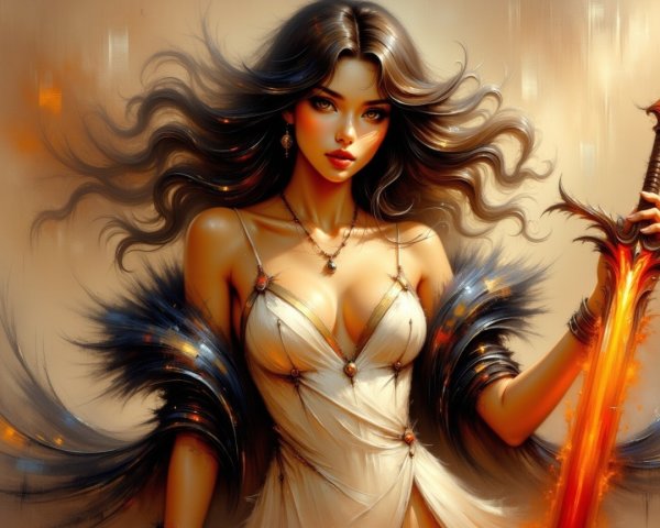 Beautiful woman in white dress with sword and cloak