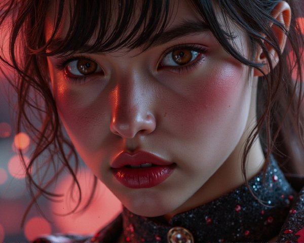 Close-up portrait of a young woman with bold features