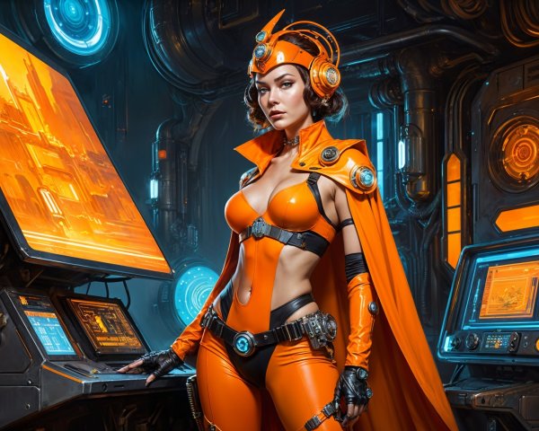 Futuristic Character in Orange Outfit with High-Tech Gear