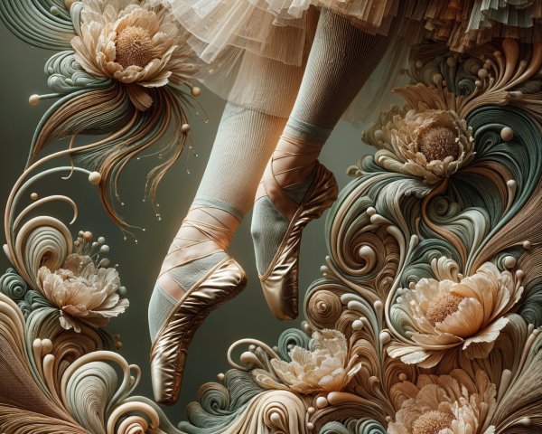 Ballet Dancer in Golden Pointe Shoes with Floral Background