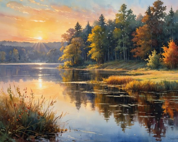 Serene Sunrise Landscape with Tranquil Lake and Autumn Foliage