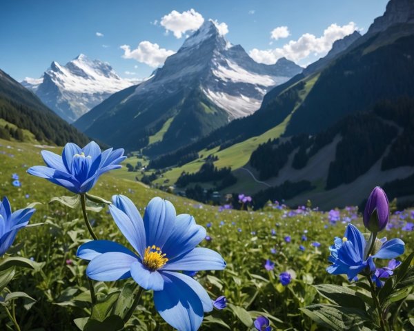 Vibrant Blue Flowers in Majestic Mountain Landscape