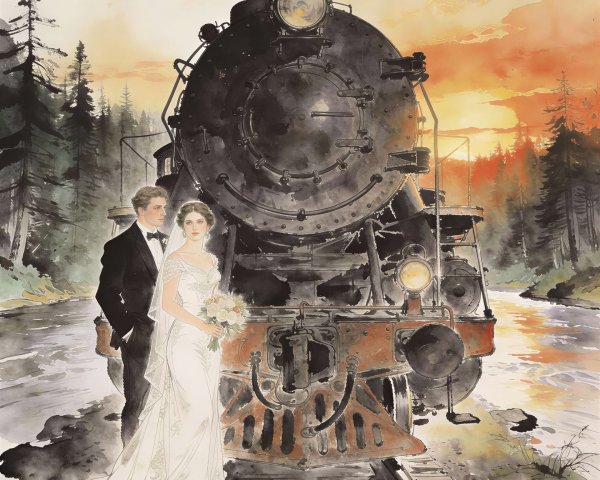 Watercolor of Newlyweds by a Black Steam Locomotive