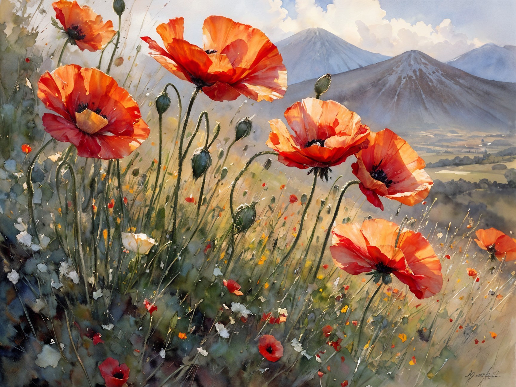 Vibrant Watercolor of Red Poppies in Nature Scene