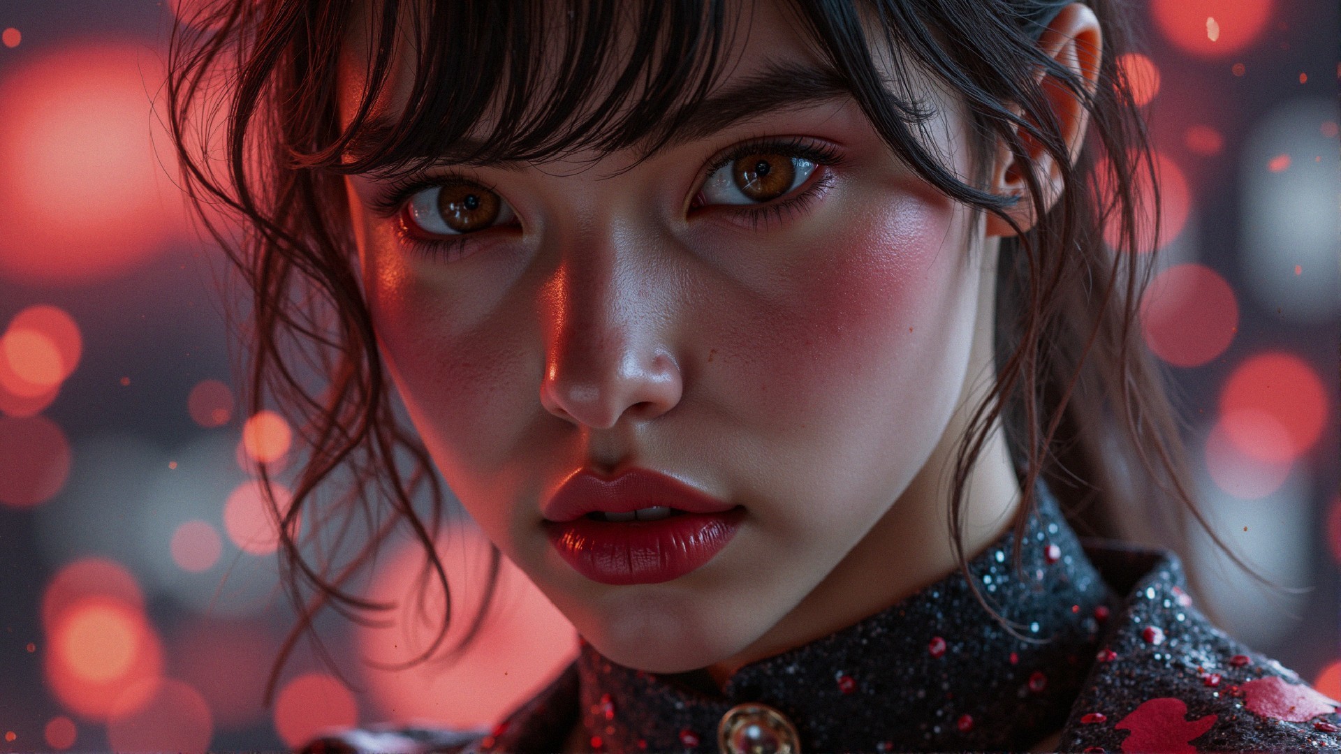 Close-up portrait of a young woman with bold features