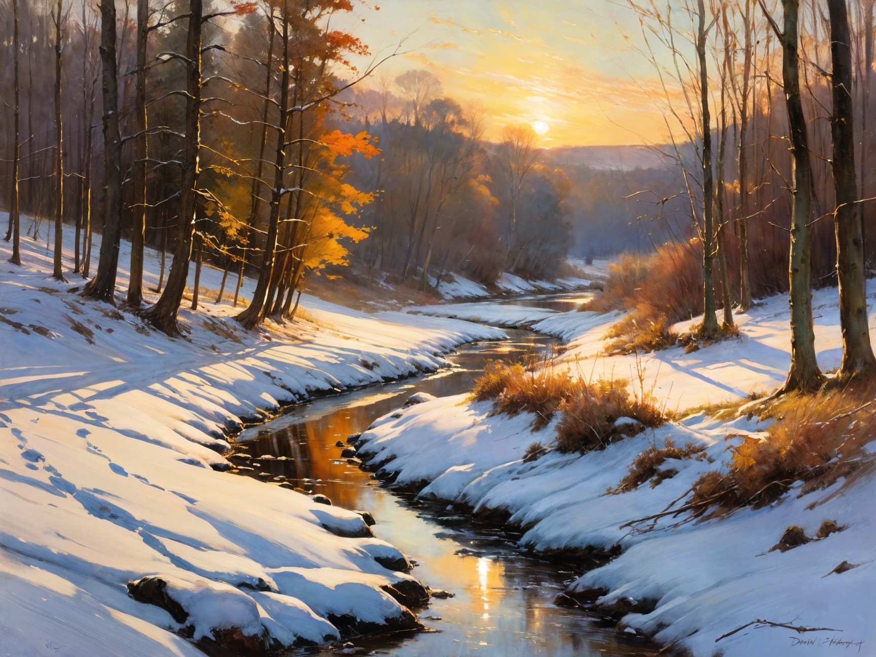 Serene Winter Landscape with Gentle Stream and Trees