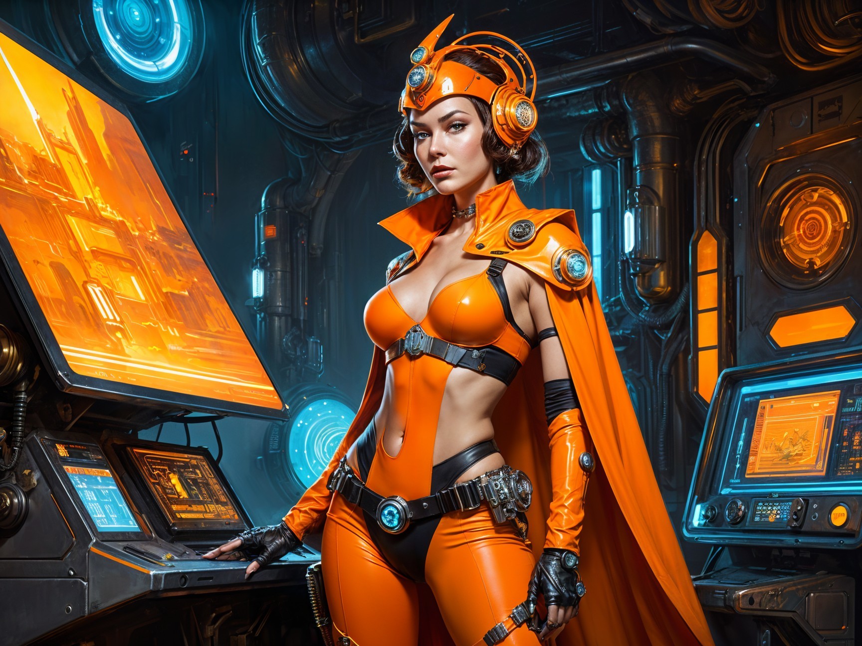 Futuristic Character in Orange Outfit with High-Tech Gear