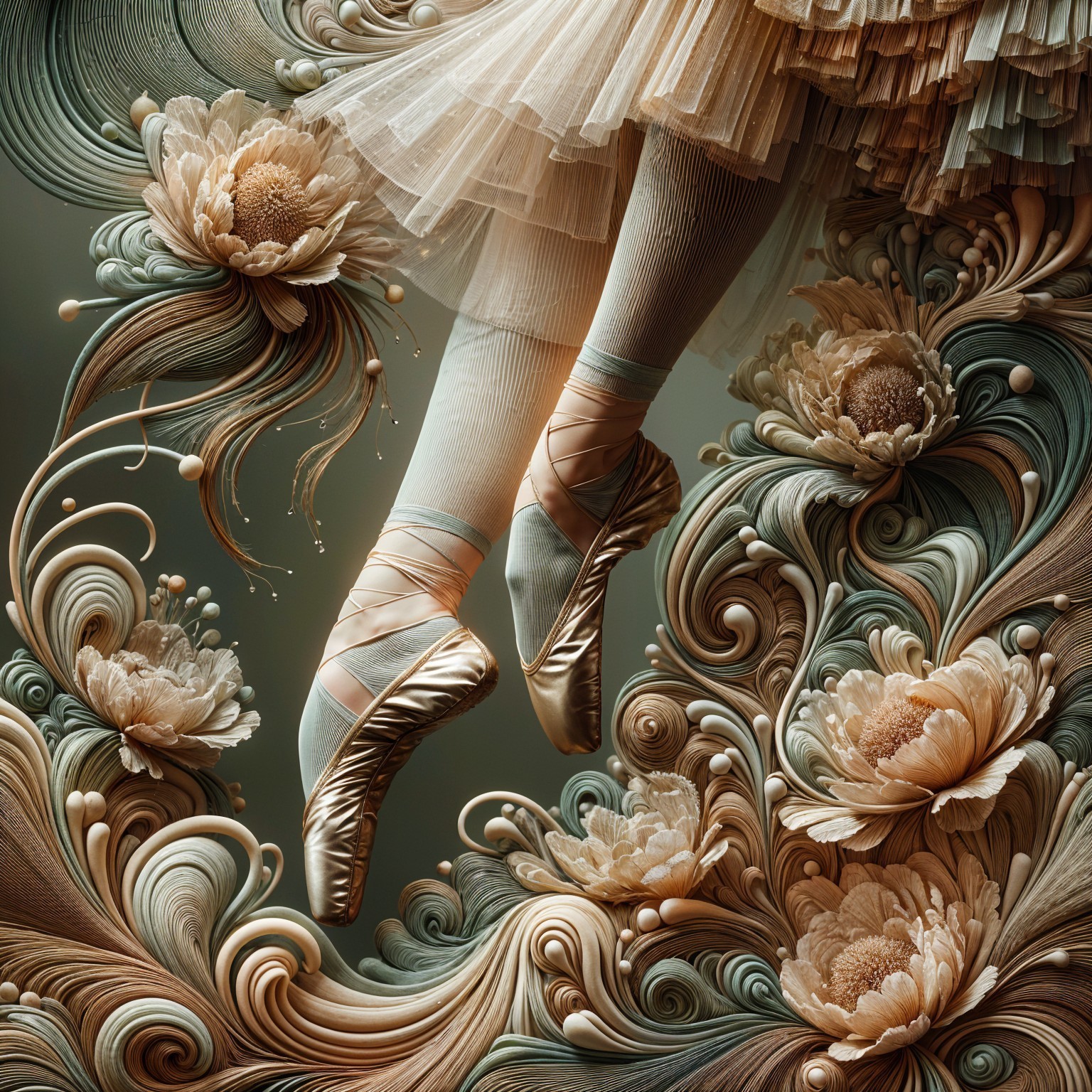 Ballet Dancer in Golden Pointe Shoes with Floral Background
