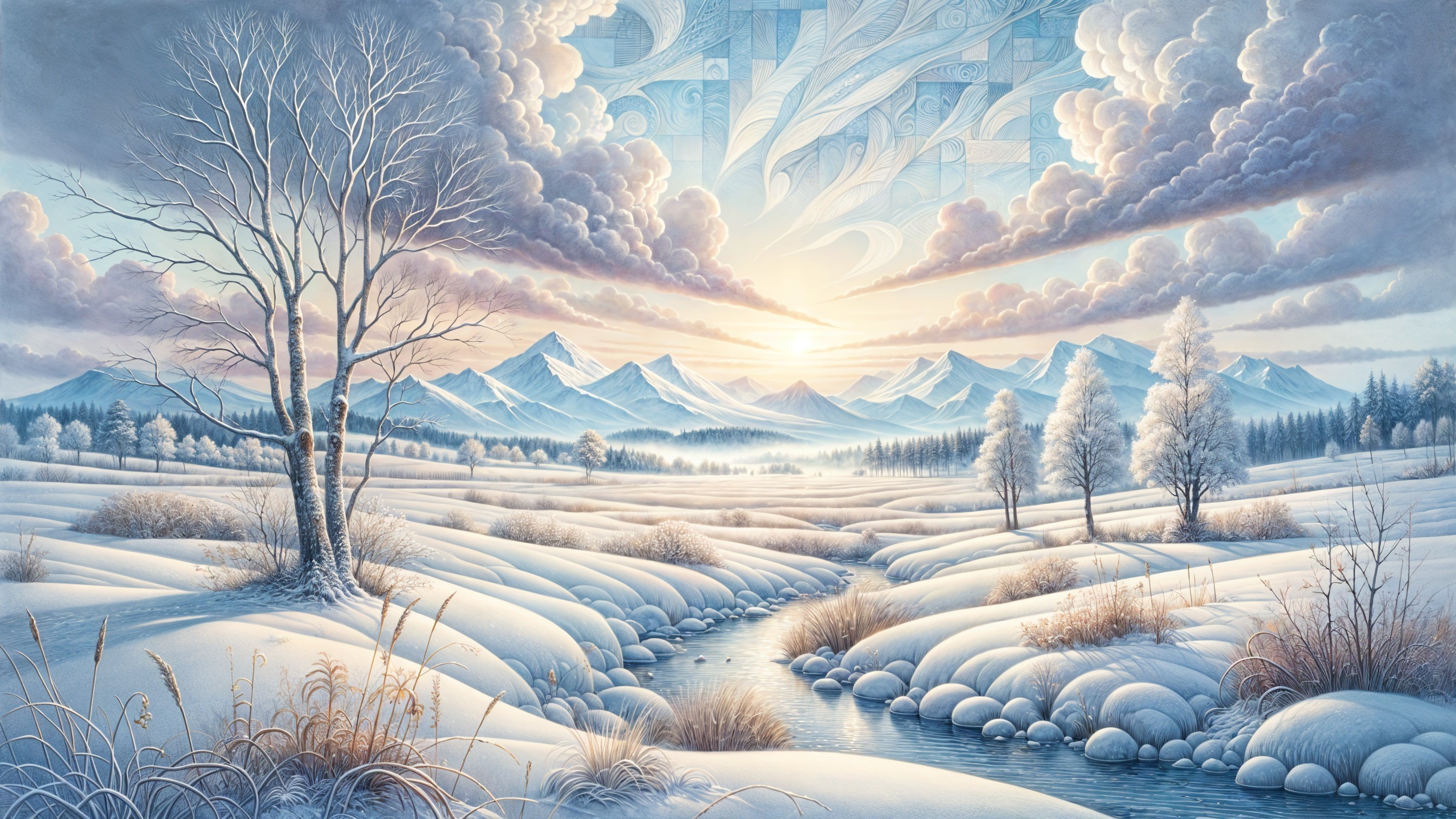 Serene Winter Landscape with Snow-Covered Hills
