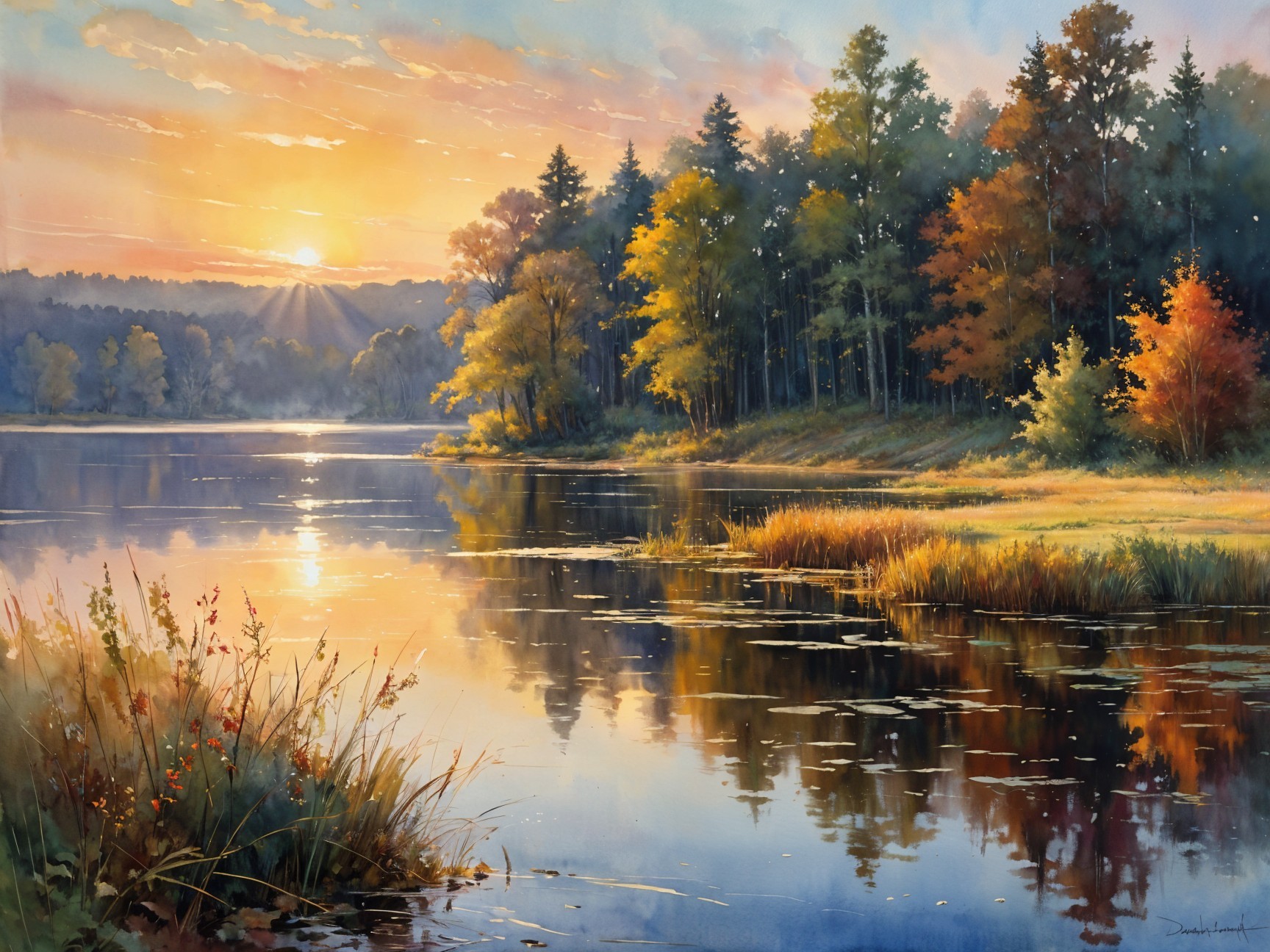 Serene Sunrise Landscape with Tranquil Lake and Autumn Foliage