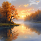 Serene Lake at Sunset with Autumn Trees Reflection
