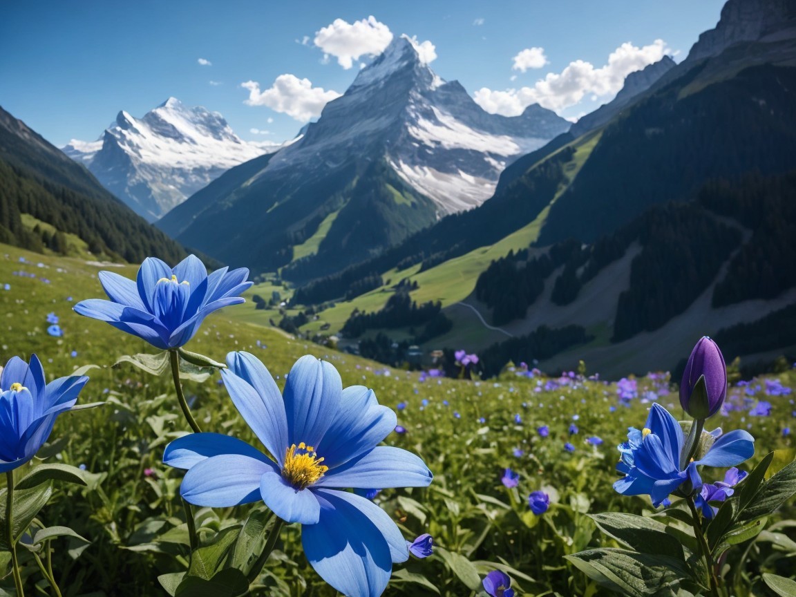 Vibrant Blue Flowers in Majestic Mountain Landscape