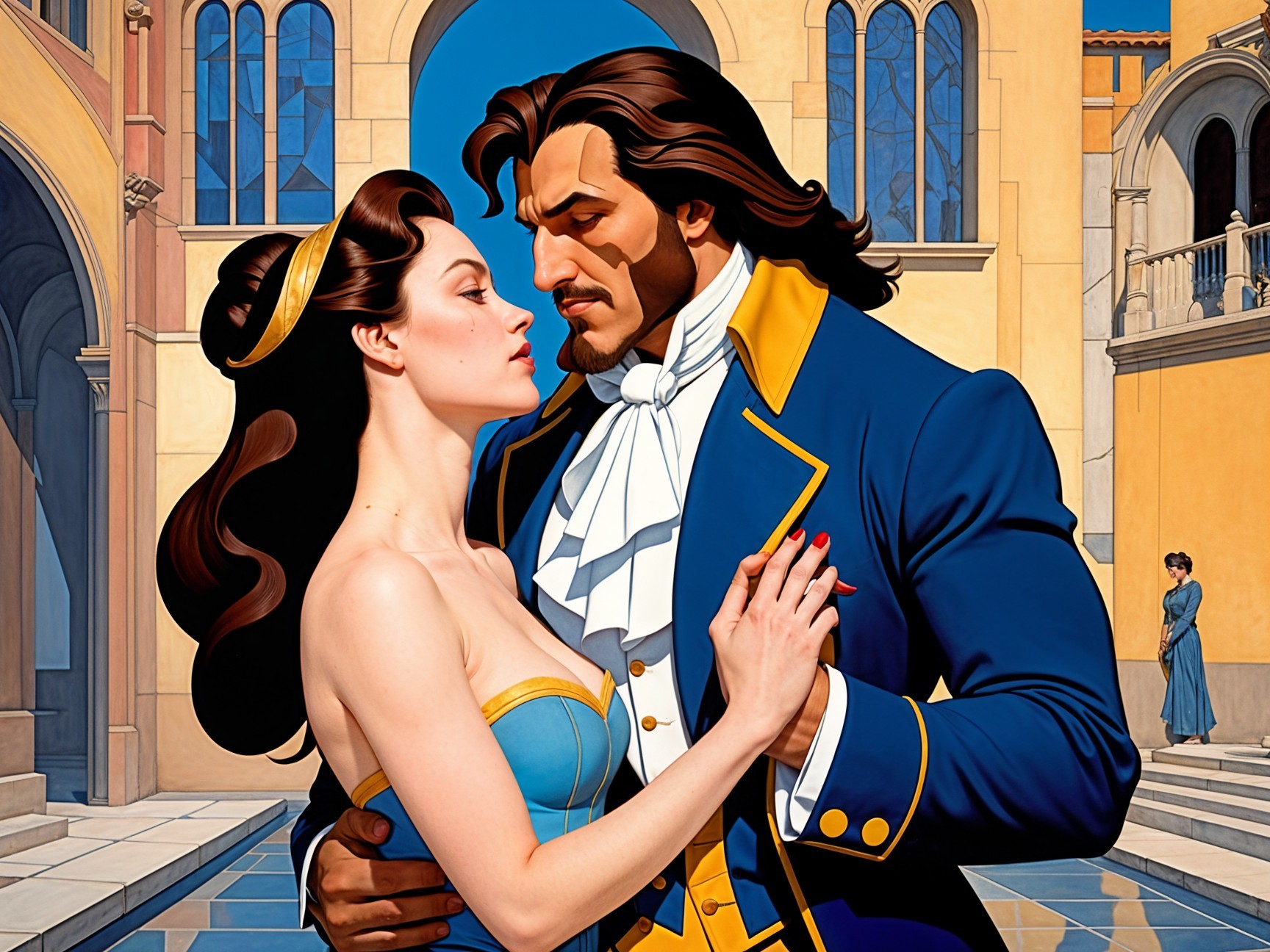 Elegant Romantic Scene with Couple in Vibrant Attire