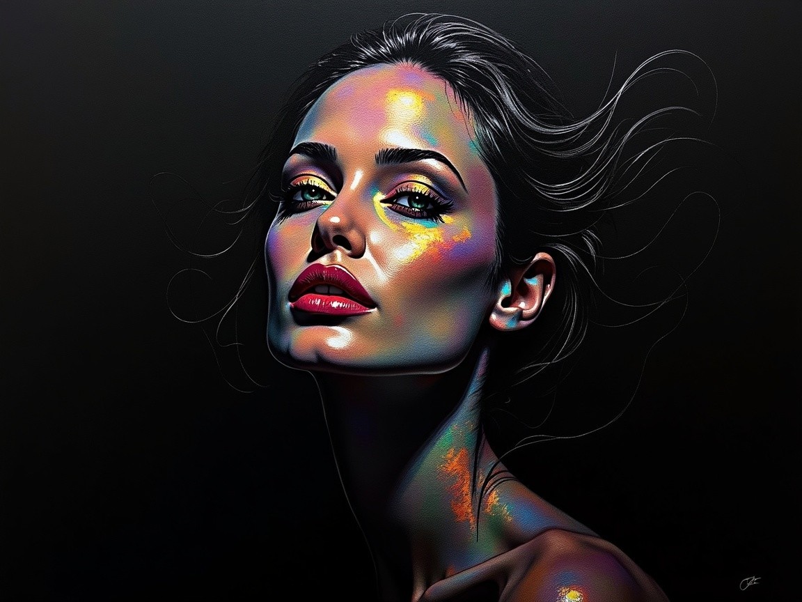 Portrait of a Woman with Glossy Skin and Expressive Features