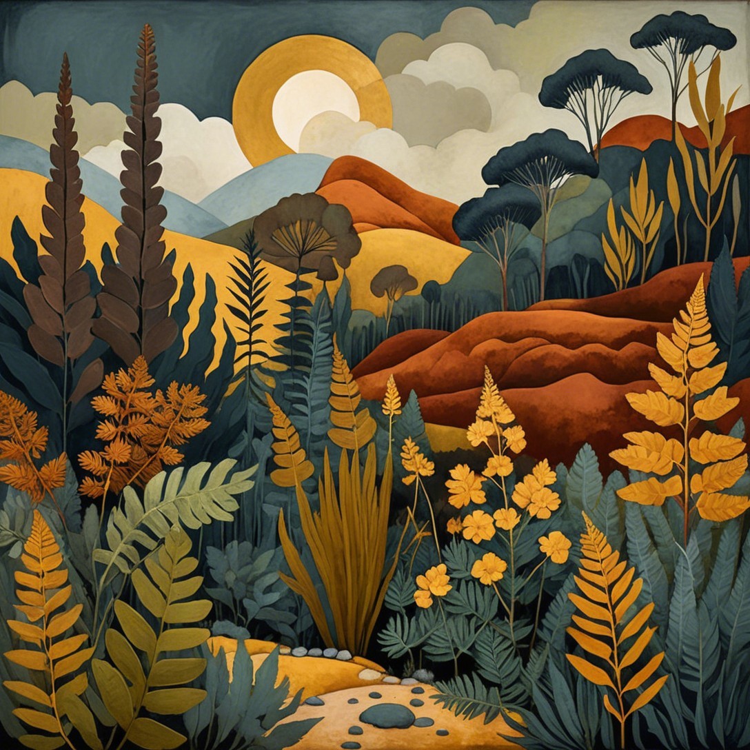 Vibrant Landscape with Rolling Hills and Setting Sun