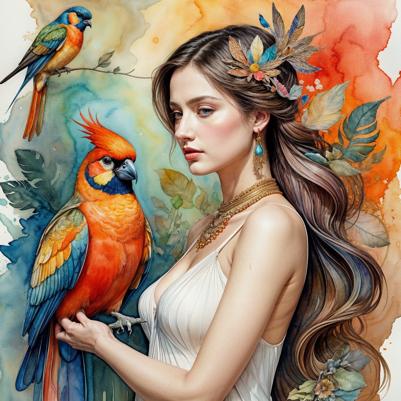 Woman with Colorful Leaves and Orange Parrot