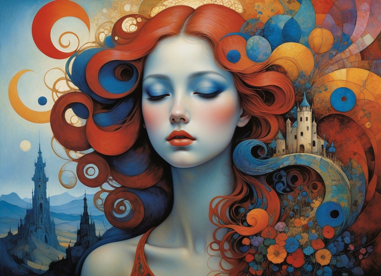 Fantastical Portrait of a Serene Woman with Colorful Hair